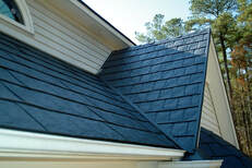 Metal roof, blue shingles